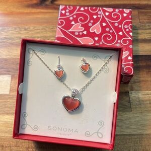Sonoma Silver Tone & Faux Pink Stone Heart Earrings & Necklace Set. P/M